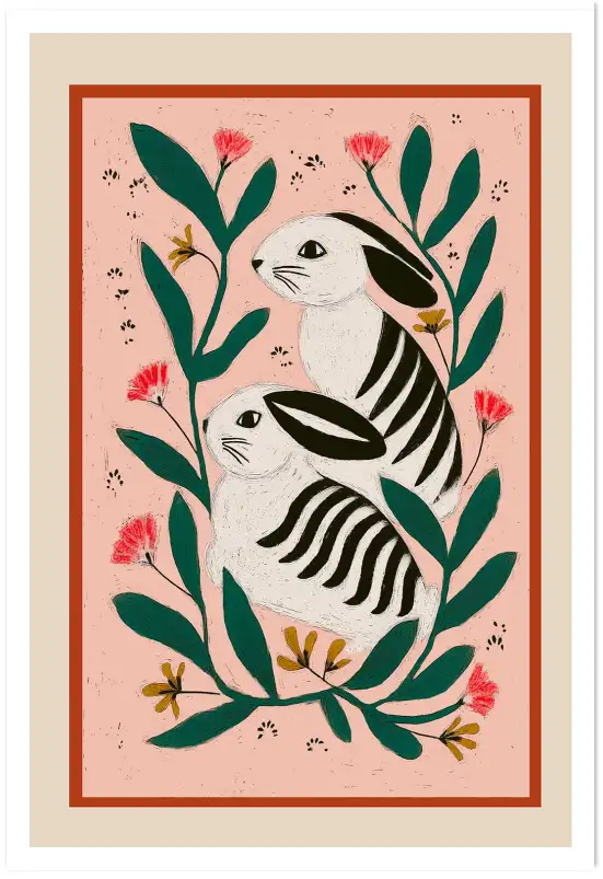 Affiche illustration deux lapins fleurs