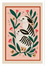 Affiche illustration deux lapins fleurs