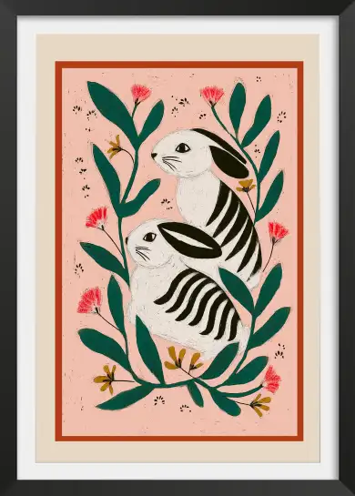 Affiche illustration deux lapins fleurs