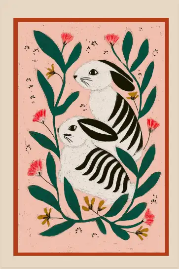 Affiche illustration deux lapins fleurs