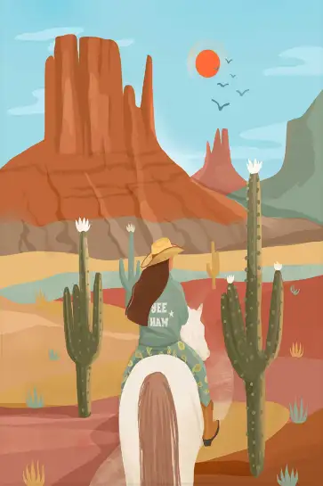 Affiche illustration cavaliere desert canyon