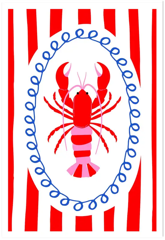 Affiche illustration homard rouge et rose