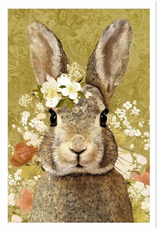 Affiche illustration lapin retro fleurs
