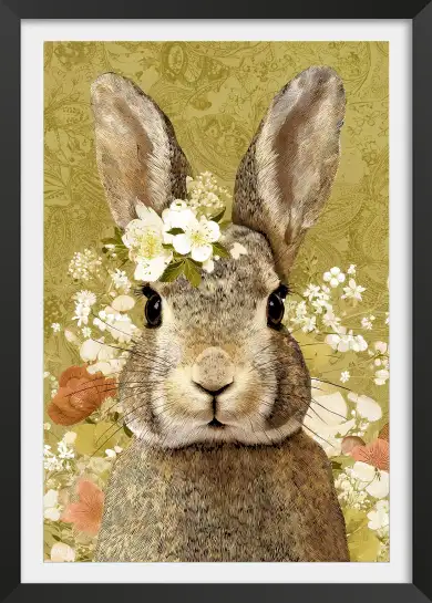 Affiche illustration lapin retro fleurs