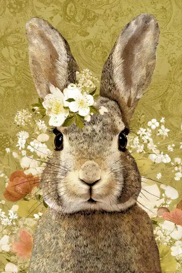 Affiche illustration lapin retro fleurs