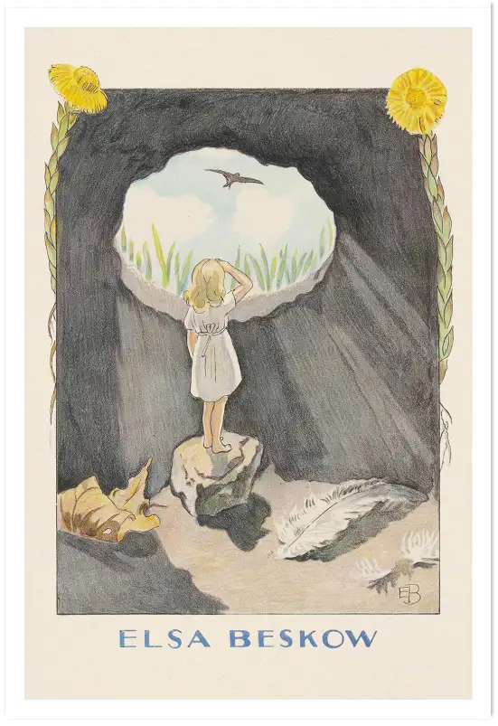 Affiche illustration poucette grotte oiseau elsa beskow