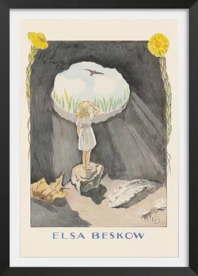 Affiche illustration poucette grotte oiseau elsa beskow