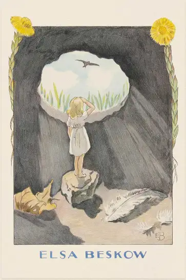 Affiche illustration poucette grotte oiseau elsa beskow