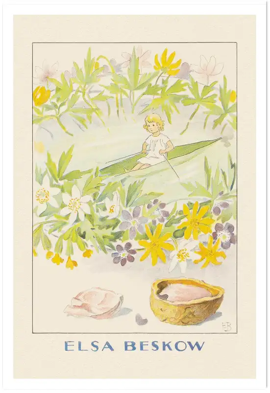 Affiche illustration poucette bateau feuille fleurs elsa beskow