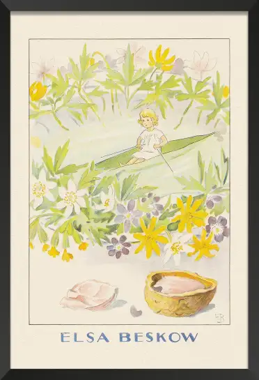 Affiche illustration poucette bateau feuille fleurs elsa beskow