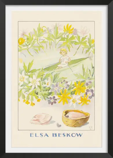 Affiche illustration poucette bateau feuille fleurs elsa beskow