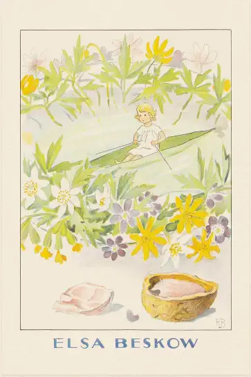 Affiche illustration poucette bateau feuille fleurs elsa beskow