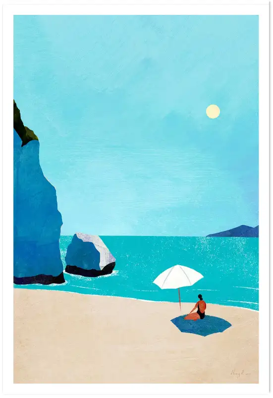 Affiche illustration plage parasol falaise Henry Rivers