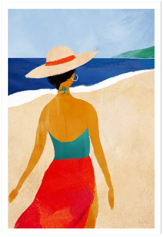 Affiche illustration femme plage chapeau paille Henry Rivers