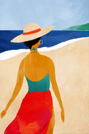Affiche illustration femme plage chapeau paille Henry Rivers