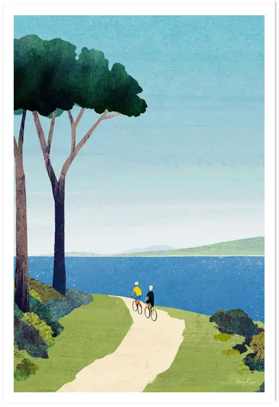 Affiche illustration cyclistes lac pins Henry Rivers