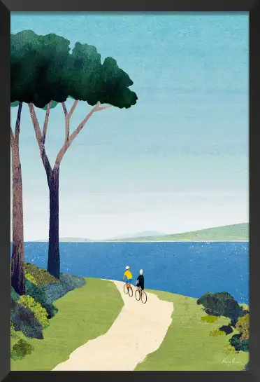 Affiche illustration cyclistes lac pins Henry Rivers