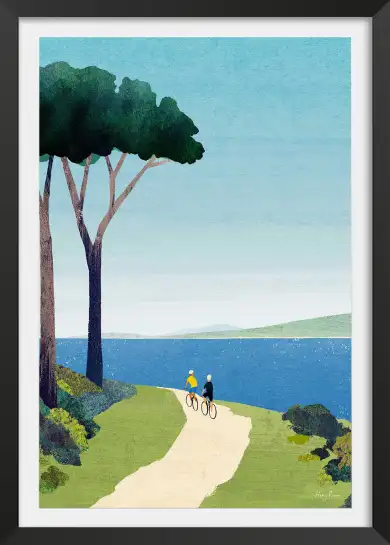 Affiche illustration cyclistes lac pins Henry Rivers