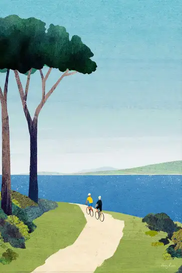 Affiche illustration cyclistes lac pins Henry Rivers