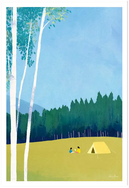 Affiche illustration camping tente jaune henry rivers