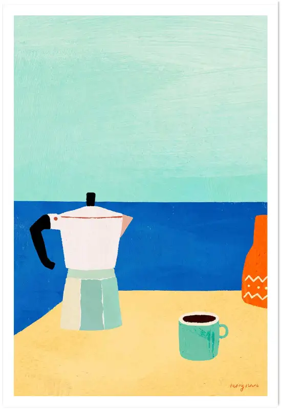 Affiche illustration cafetiere italienne mer henry rivers