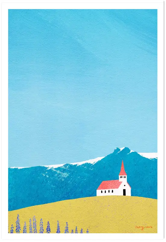 Église en Islande, paysage nordique minimaliste