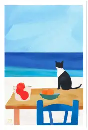 Chat noir et blanc face à la mer, instant méditerranéen
