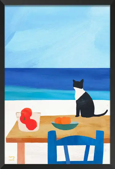 Chat noir et blanc face à la mer, instant méditerranéen