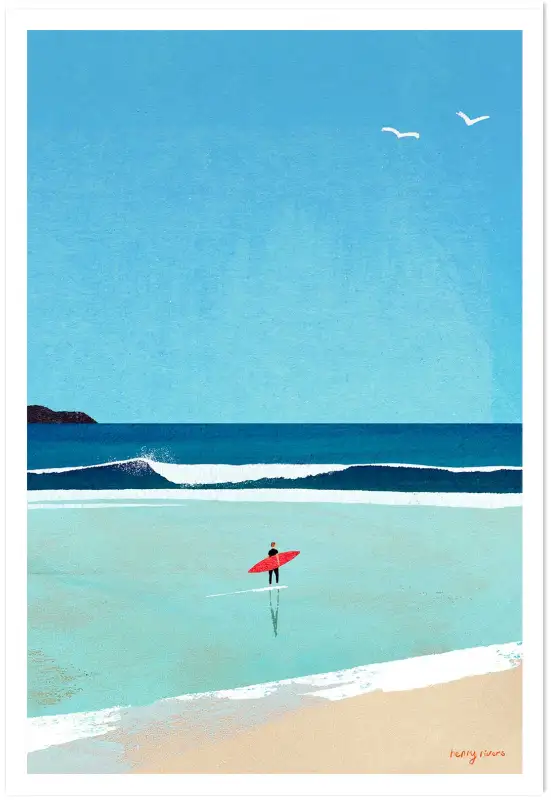 Affiche illustration surfeur planche rouge d'Henry Rivers