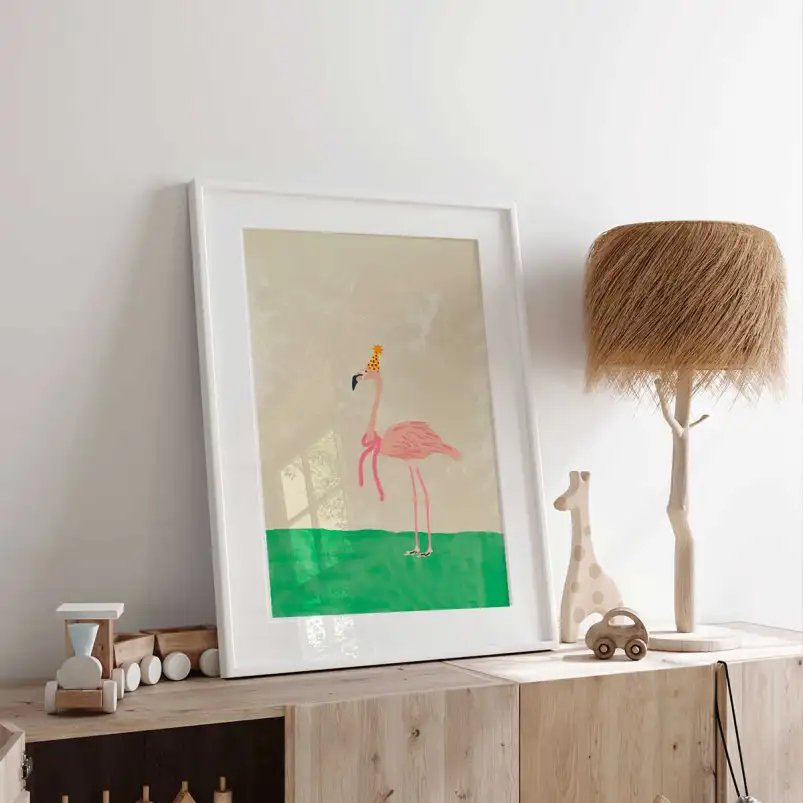 Affiche flamant rose fête pour une chambre enfant douce et colorée. Une décoration murale poétique et originale disponible en