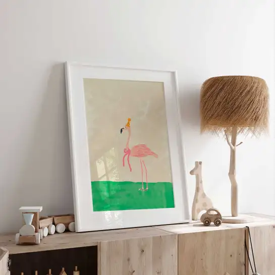 Affiche flamant rose fête pour une chambre enfant douce et colorée. Une décoration murale poétique et originale disponible en