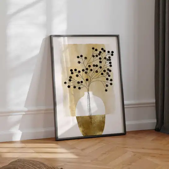 Affiche bouquet graphique doré avec lignes minimalistes pour une décoration murale contemporaine et élégante. Une création