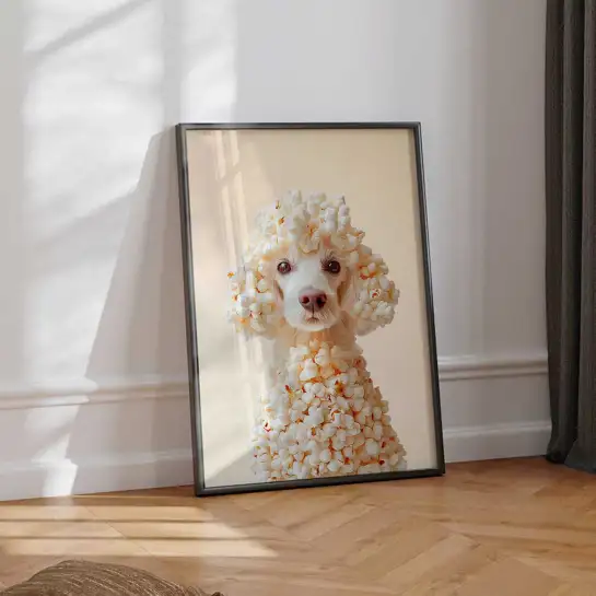Affiche caniche avec popcorn dans un style humoristique et décalé. Une décoration murale originale pleine de caractère idéale