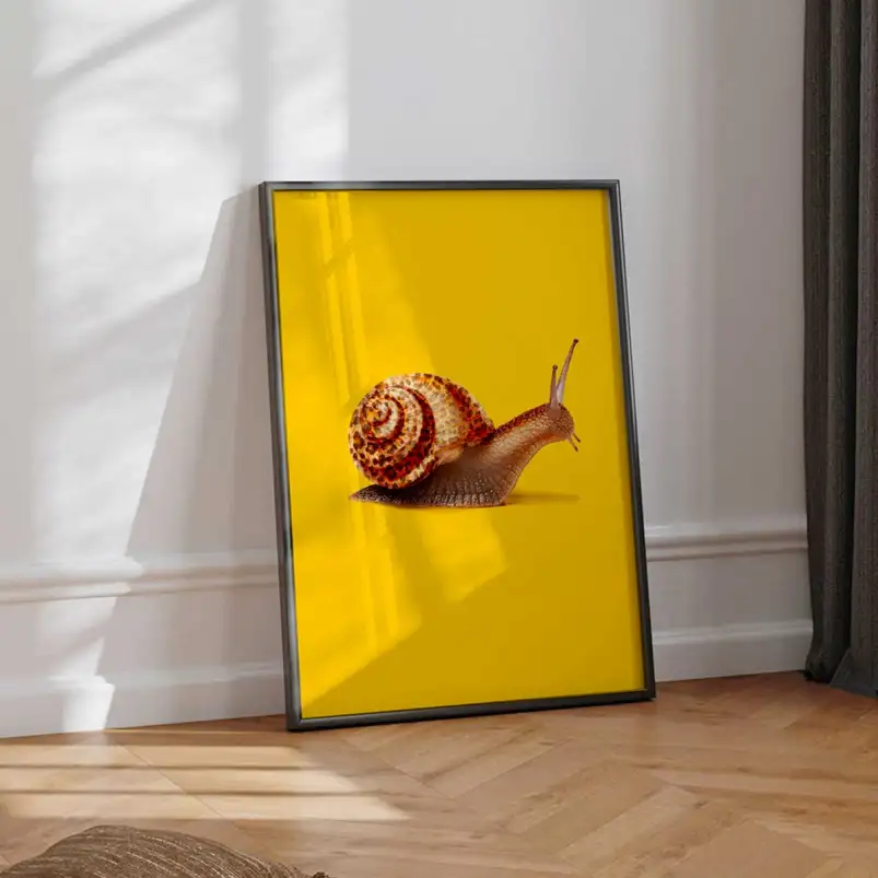 Affiche escargot avec coquille léopard dans un univers surréaliste et coloré. Une création originale pour une décoration murale