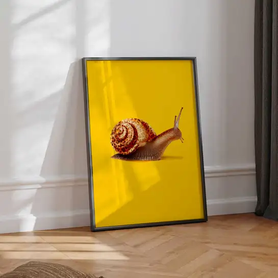 Affiche escargot avec coquille léopard dans un univers surréaliste et coloré. Une création originale pour une décoration murale