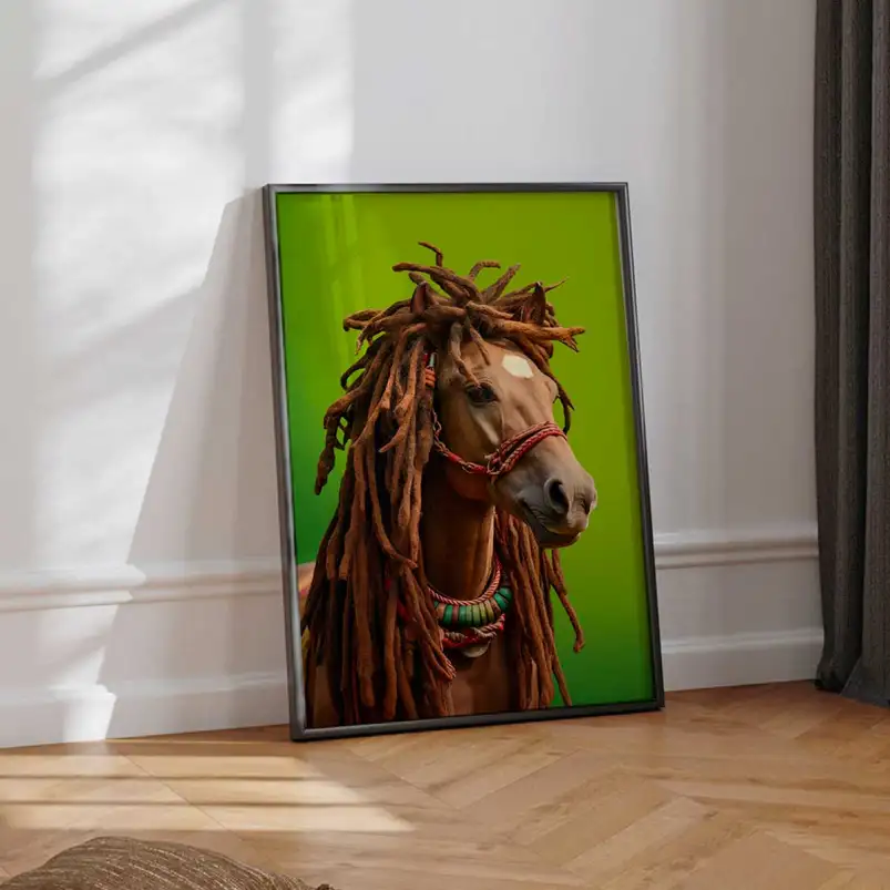 Affiche cheval avec dreadlocks pour une décoration animale originale et contemporaine. Un portrait insolite qui apporte du