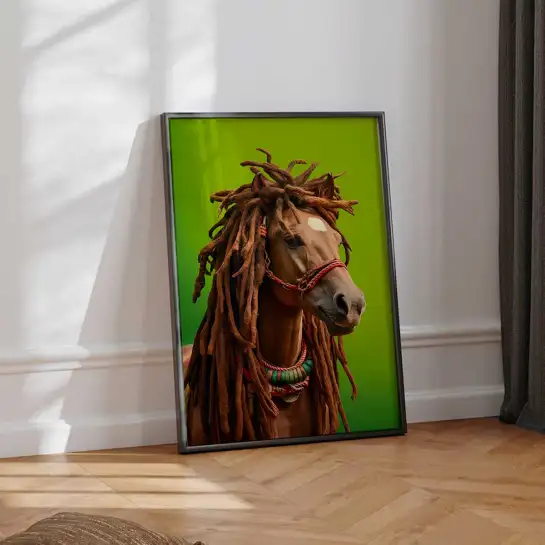 Affiche cheval avec dreadlocks pour une décoration animale originale et contemporaine. Un portrait insolite qui apporte du