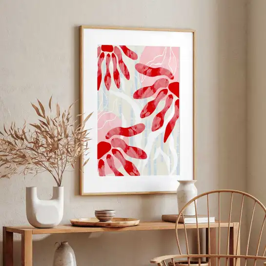 Affiche botanique fleurs rouges et roses