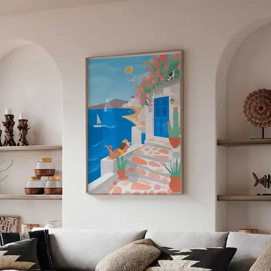 Affiche terrasse grecque vue sur la mer