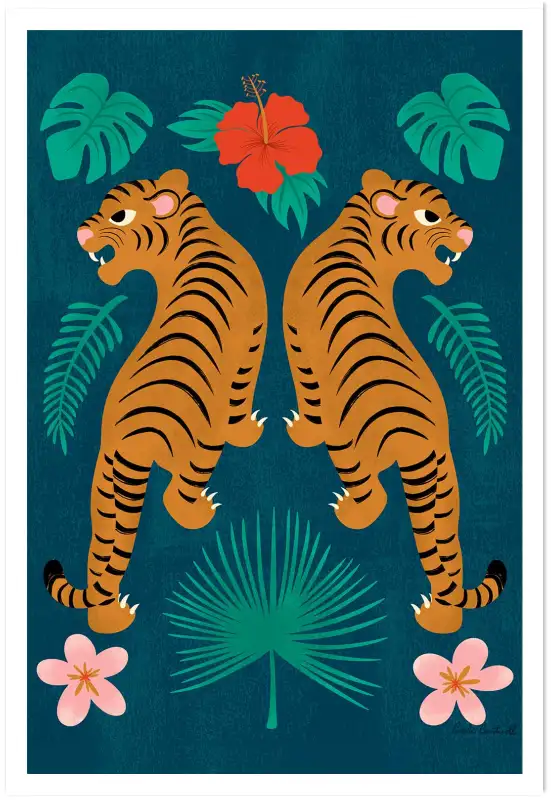 Affiche deux tigres tropical - illustration botanique