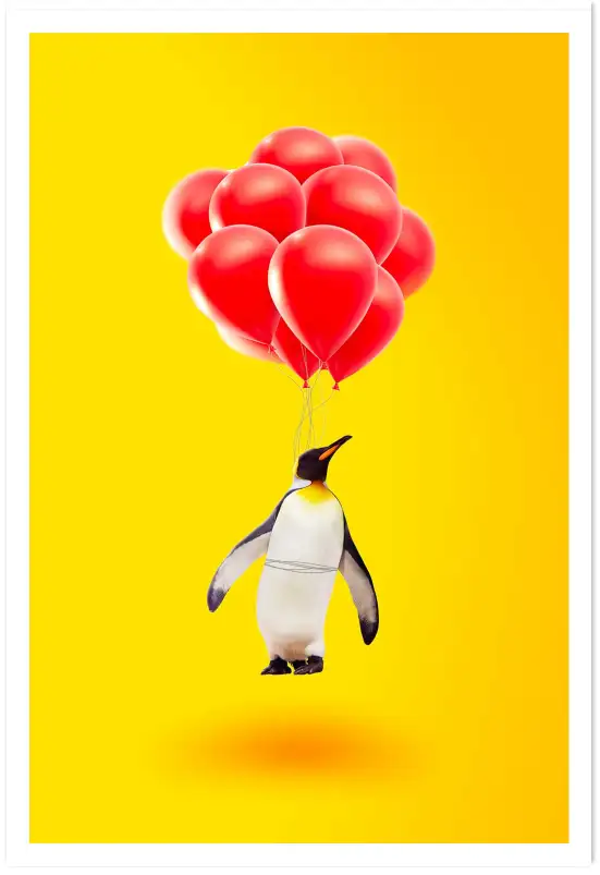 Affiche pingouin ballons rouges - illustration minimaliste