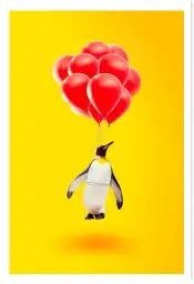 Affiche pingouin ballons rouges - illustration minimaliste