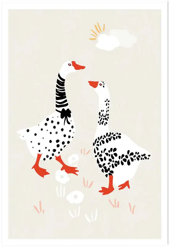 Affiche illustration duo d'oies naïf
