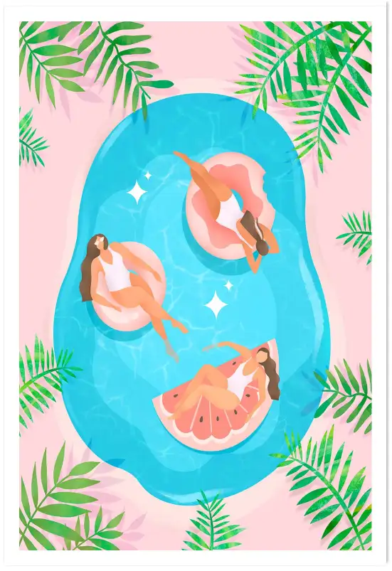 Affiche Eté piscine et baigneuses
