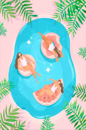 Affiche Eté piscine et baigneuses