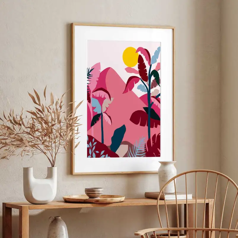 Affiche paysage tropical art abstrait, une création dépaysante pour une décoration murale originale.