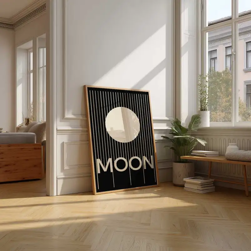 Affiche lune et rayures noires, une composition abstraite élégante pour une décoration murale contemporaine.