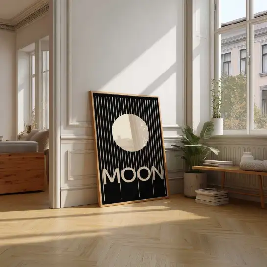 Affiche lune et rayures noires, une composition abstraite élégante pour une décoration murale contemporaine.