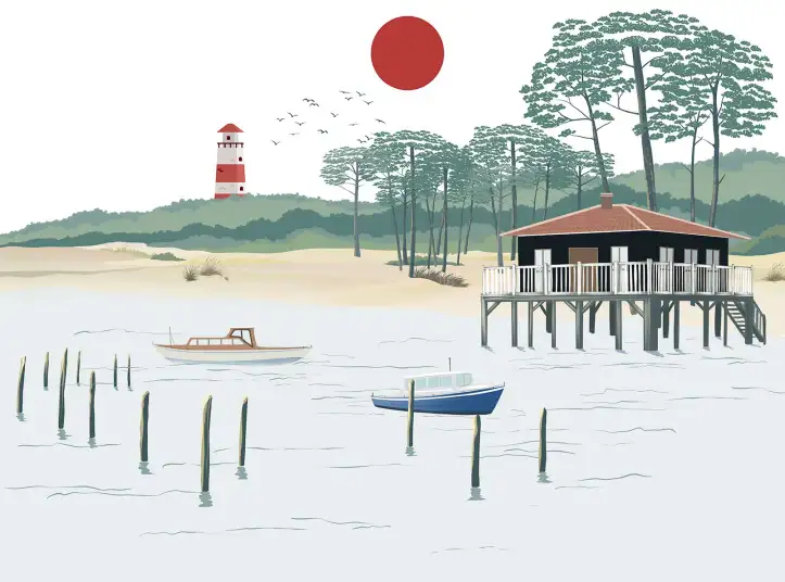 Papier peint panoramique cabanes sur pilotis sous soleil rouge, décor plage apaisant pour salon