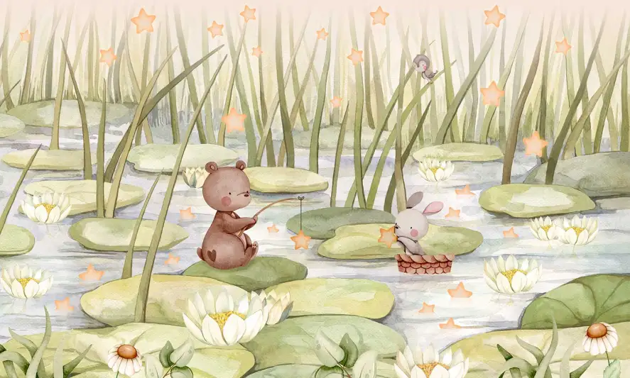 Étang aquarelle avec nénuphars, ours qui pêche et lapin dans un panier, tapisserie panoramique enfant
